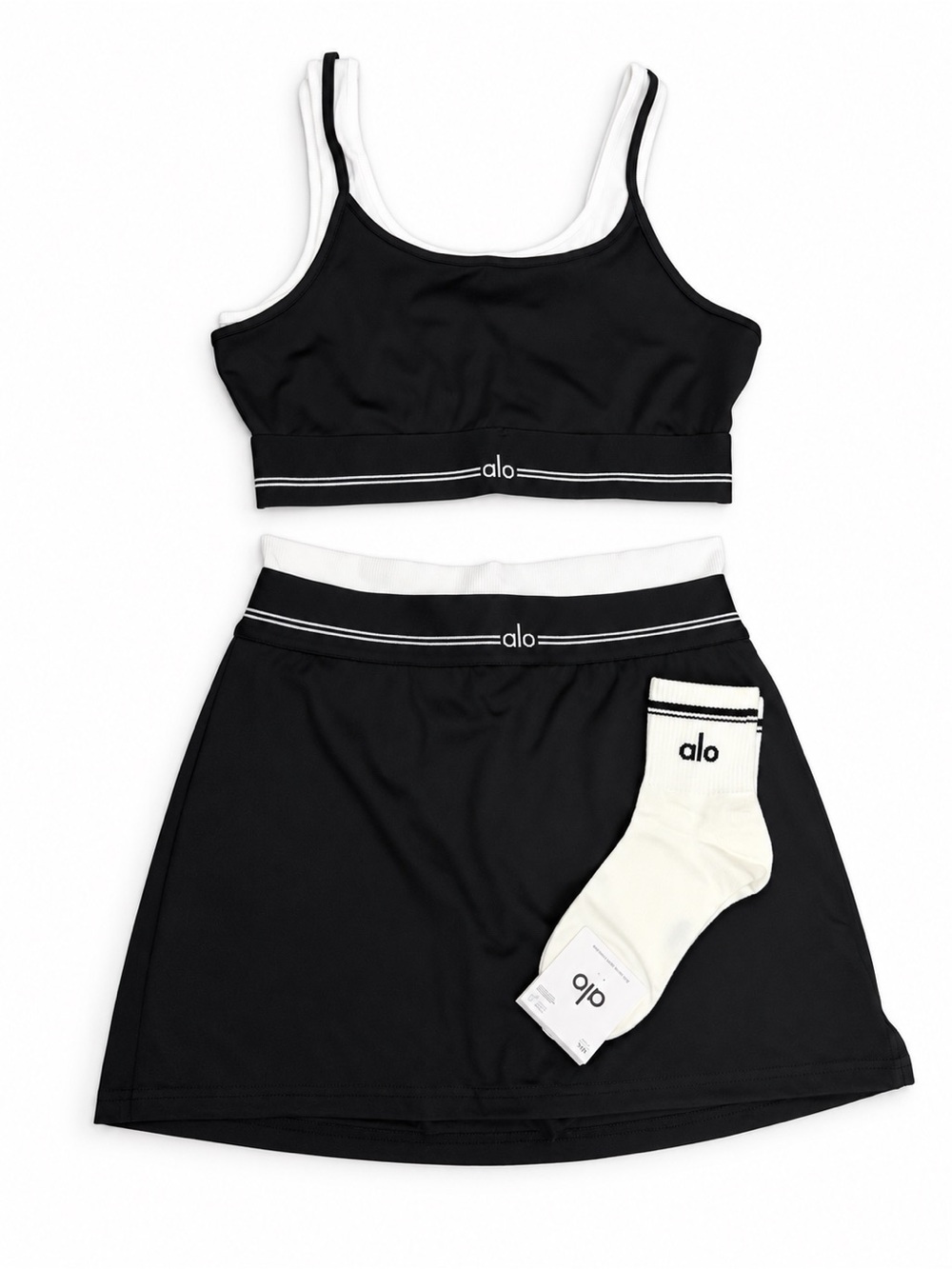 ALO Yoga Black & White Active Bralette, Skirt & Socks Set